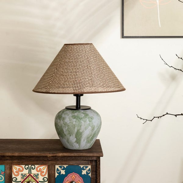 Traditional Chinese Ceramic Round Base Fabric Shade 1-Light Table Lamp For Living Room - Image 10