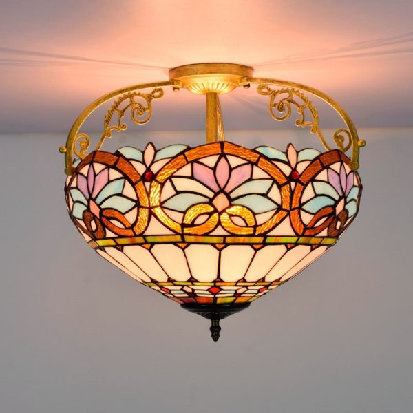 Traditional Tiffany Iron & Stained Glass Heart Dome Floral Pattern 3-Light Semi-Flush Mount Ceiling Light For Living Room