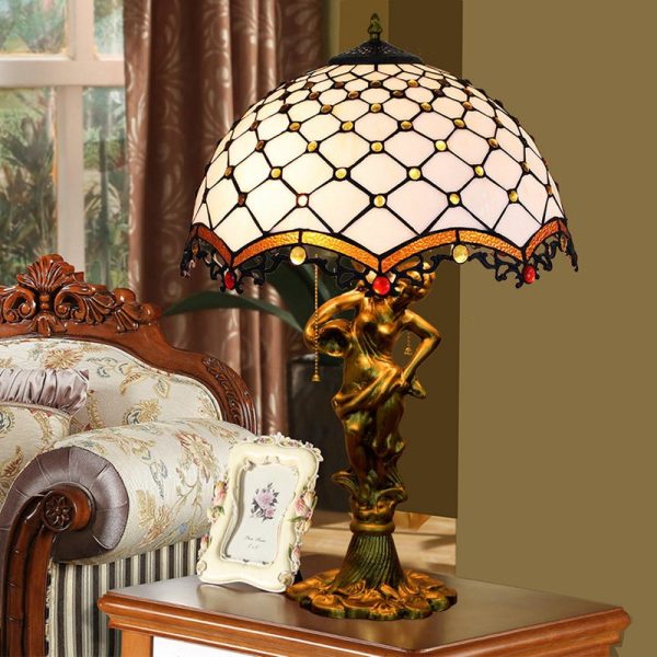 Traditional Tiffany Alloy & Stained Glass Dome Lady Sculpture Base 3-Light Table Lamp For Living Room - Image 8