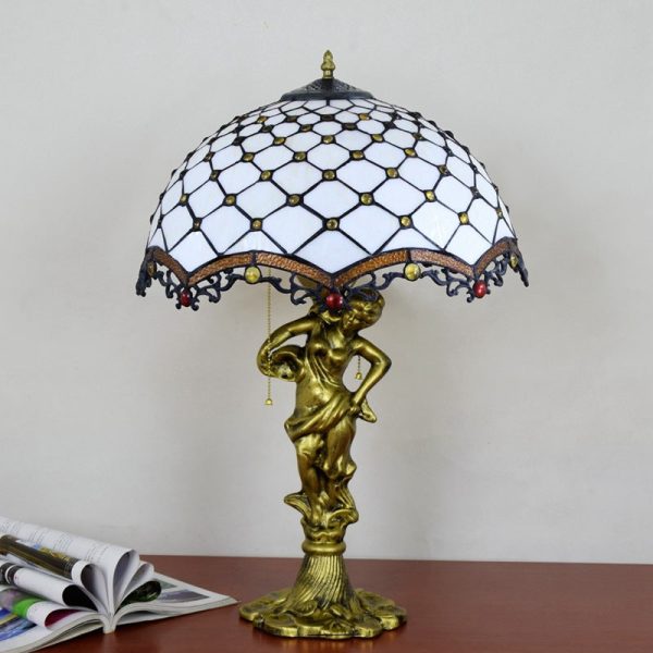 Traditional Tiffany Alloy & Stained Glass Dome Lady Sculpture Base 3-Light Table Lamp For Living Room - Image 7