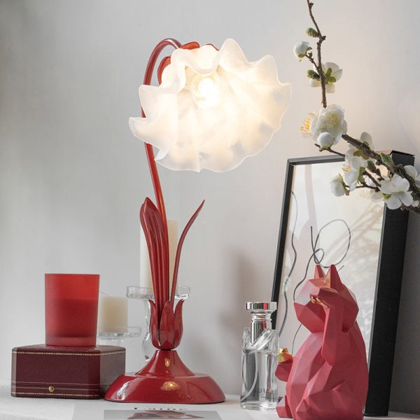 Traditional Chinese Iron Glass Floral Shade 1-Light Table Lamp For Bedroom - Image 2