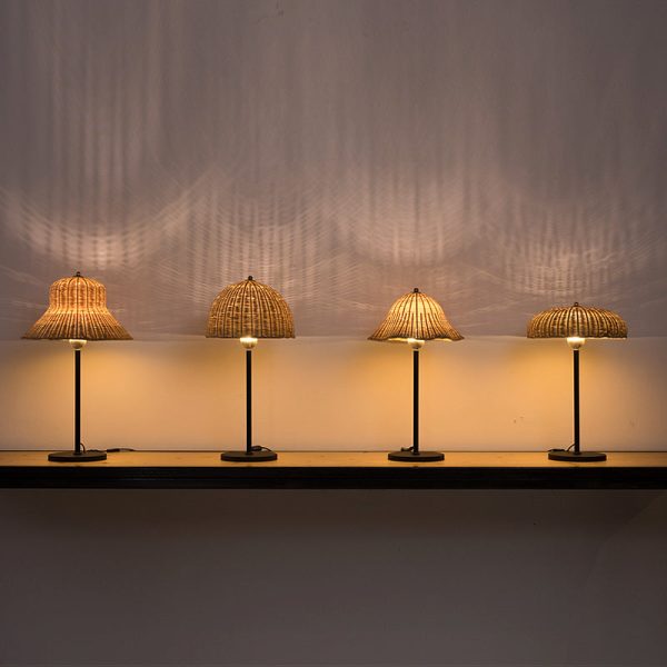 Modern Art Deco Iron & Bamboo Round Hat-Shaped LED Table Lamp For Bedroom