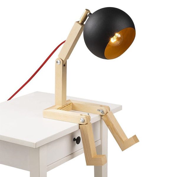 Contemporary Nordic Wood & Iron Wooden Man Round 1-Light Table Lamp For Bedroom - Image 9