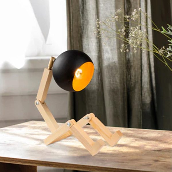 Contemporary Nordic Wood & Iron Wooden Man Round 1-Light Table Lamp For Bedroom - Image 3