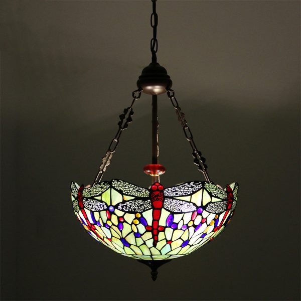 Traditional Tiffany Alloy & Stained Glass Dragonfly Dome 3-Light Chandelier For Living Room
