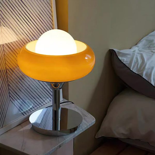 Contemporary Creative Metal & Glass Egg Tart-Shape Round 1-Light Table Lamp For Bedroom & Living Room - Image 2