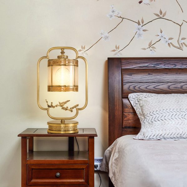 Traditional Chinese Copper & Glass Cylindrical 1-Light Table Lamp For Bedroom & Living Room