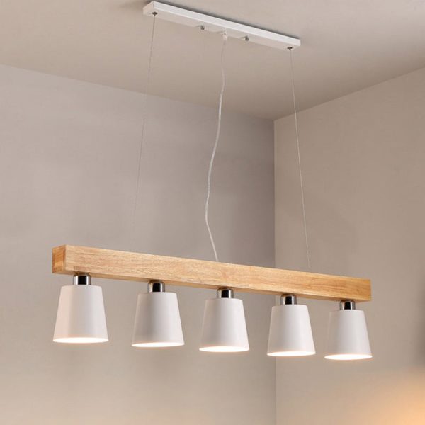 Contemporary Nordic Wood & Iron Cone Linear 3/5-Light Island Light Chandelier For Dining Room, Bedroom, Living Room - Image 22