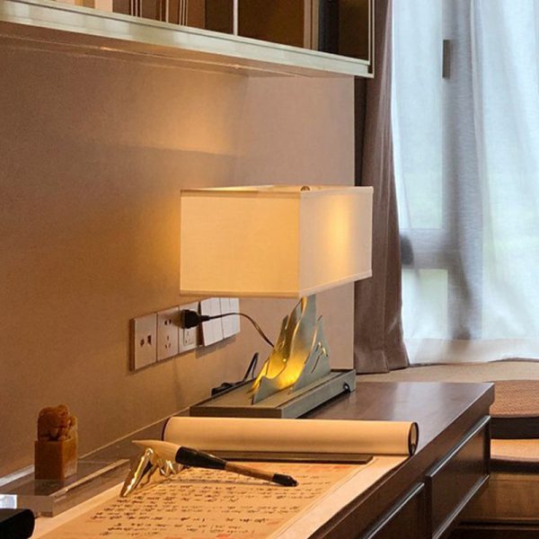 Modern Art Deco Metal & Fabric Rectangular 1-Light Table Lamp For Bedroom & Living Room - Image 4