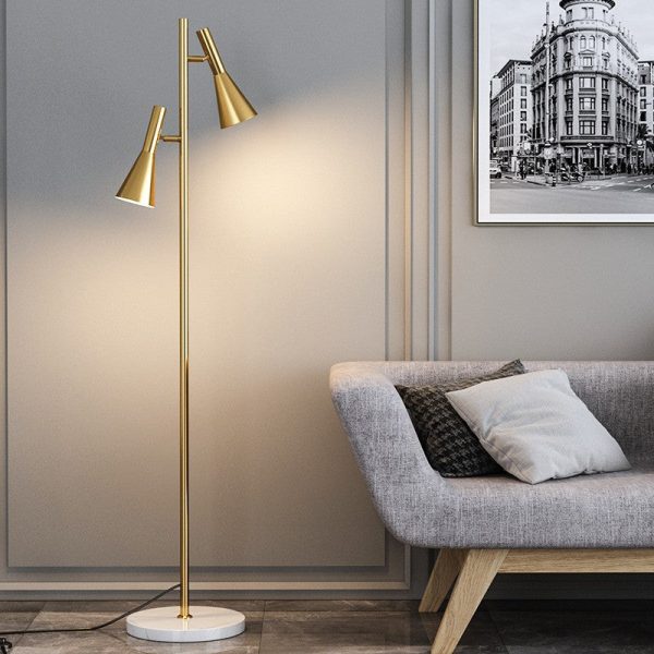 Contemporary Nordic Iron & Marble Cone 2-Light Standing Floor Lamp With Adjustable Angle For Bedroom & Living Room