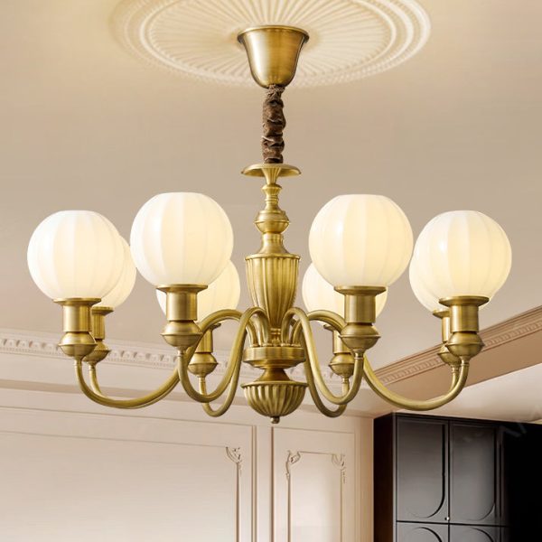 Traditional Vintage Brass & Glass Curved Round 6/8/10-Light Chandelier For Living Room & Bedroom - Image 3