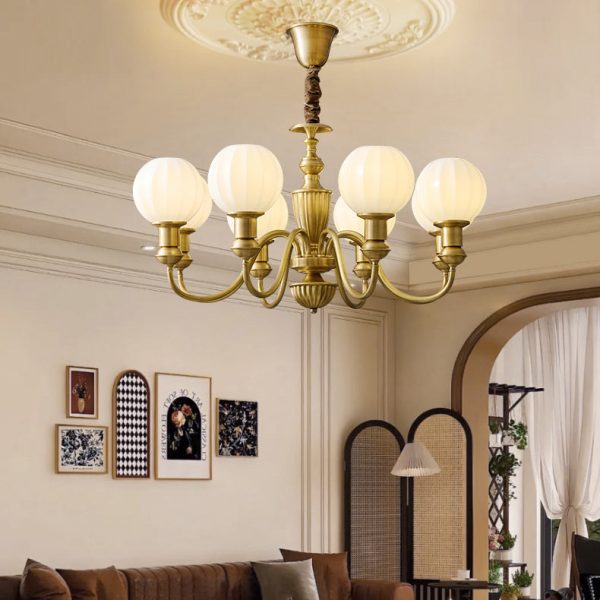 Traditional Vintage Brass & Glass Curved Round 6/8/10-Light Chandelier For Living Room & Bedroom - Image 2