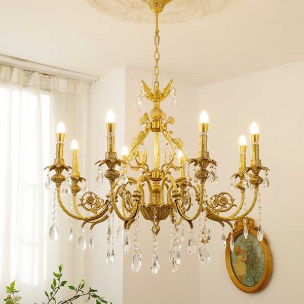 Traditional French Brass Crystal Candle-Style 8-Light Chandelier For Bedroom And Living Room