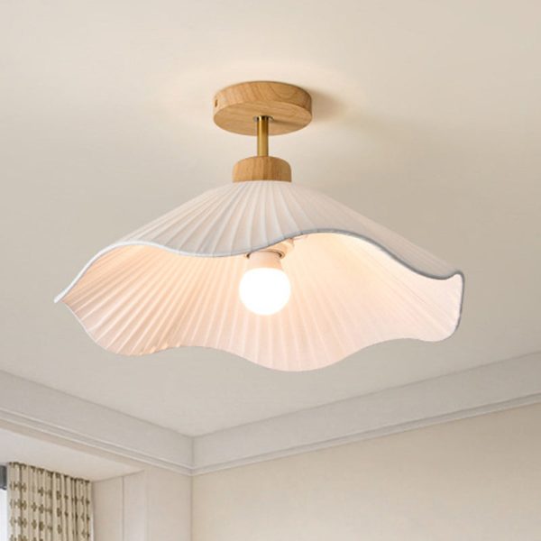 Modern Minimalist Iron, Wood & Fabric Curved Cone 1-Light Semi-Flush Mount Ceiling Light For Bedroom, Hallway, And Living Room - Image 2