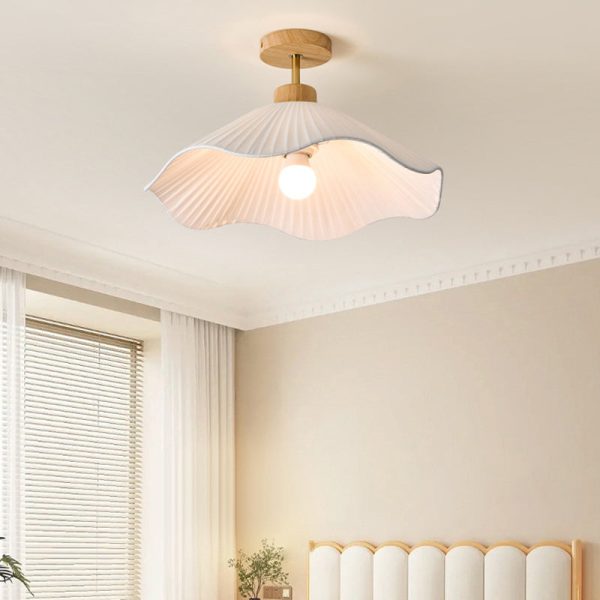 Modern Minimalist Iron, Wood & Fabric Curved Cone 1-Light Semi-Flush Mount Ceiling Light For Bedroom, Hallway, And Living Room - Image 3