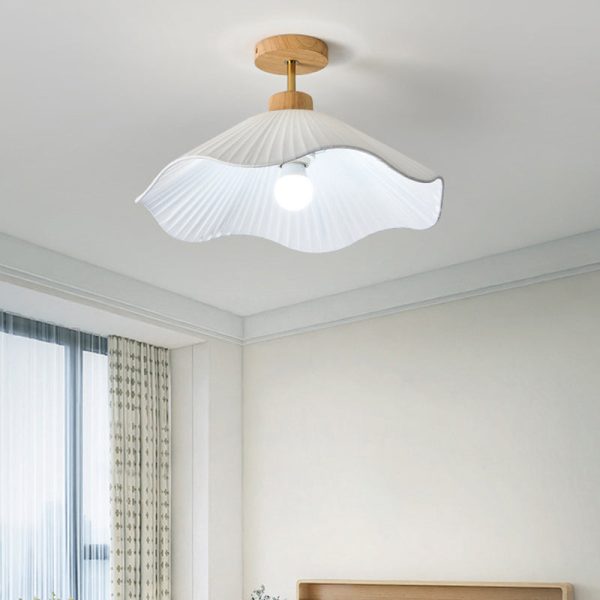 Modern Minimalist Iron, Wood & Fabric Curved Cone 1-Light Semi-Flush Mount Ceiling Light For Bedroom, Hallway, And Living Room - Image 9