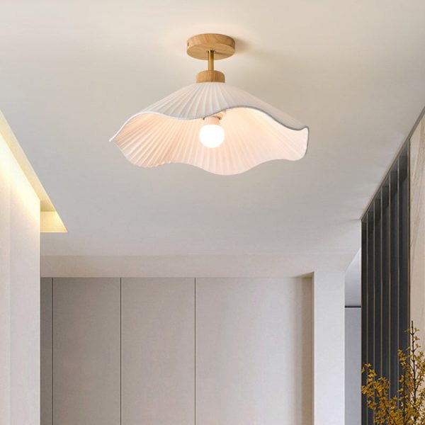 Modern Minimalist Iron, Wood & Fabric Curved Cone 1-Light Semi-Flush Mount Ceiling Light For Bedroom, Hallway, And Living Room - Image 11