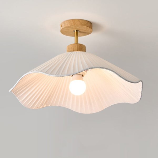 Modern Minimalist Iron, Wood & Fabric Curved Cone 1-Light Semi-Flush Mount Ceiling Light For Bedroom, Hallway, And Living Room - Image 8