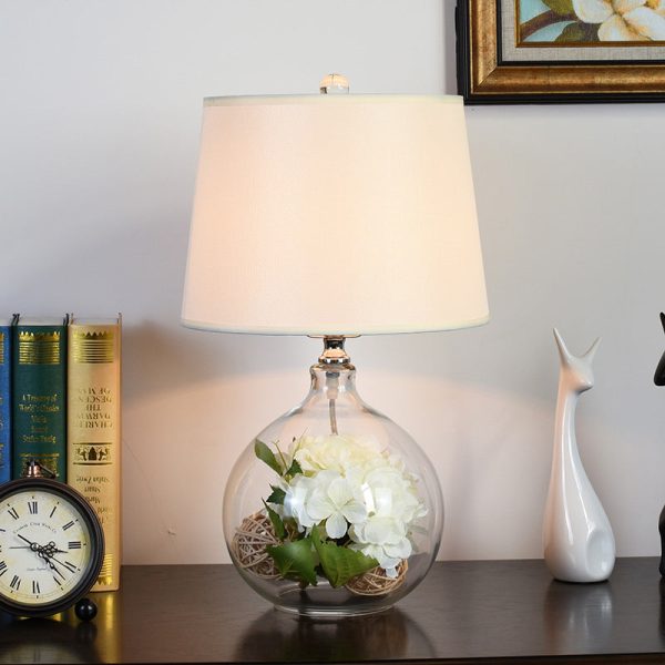 Traditional Rustic Glass & Fabric Round 1-Light Table Lamp For Bedroom And Living Room