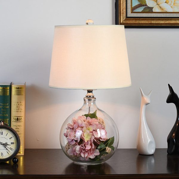 Traditional Rustic Glass & Fabric Round 1-Light Table Lamp For Bedroom And Living Room - Image 4