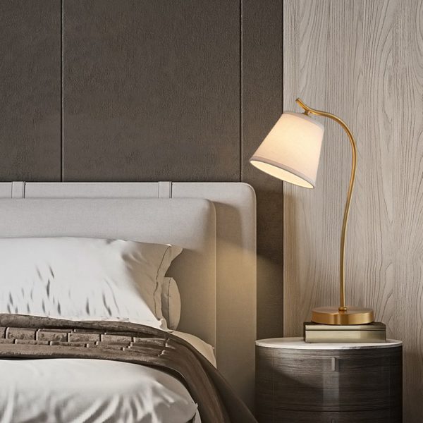 Modern Minimalist Brass & Fabric Round 1-Light Table Lamp For Bedroom And Living Room