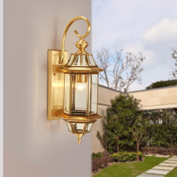 Traditional European Brass Glass Polygonal 1-Light Waterproof Wall Sconce Lamp For Bedroom Patio And Garden - Image 12