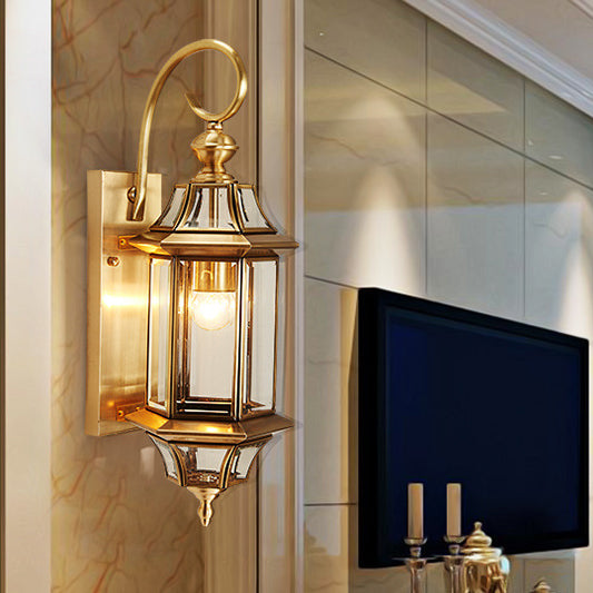 Traditional European Brass Glass Polygonal 1-Light Waterproof Wall Sconce Lamp For Bedroom Patio And Garden