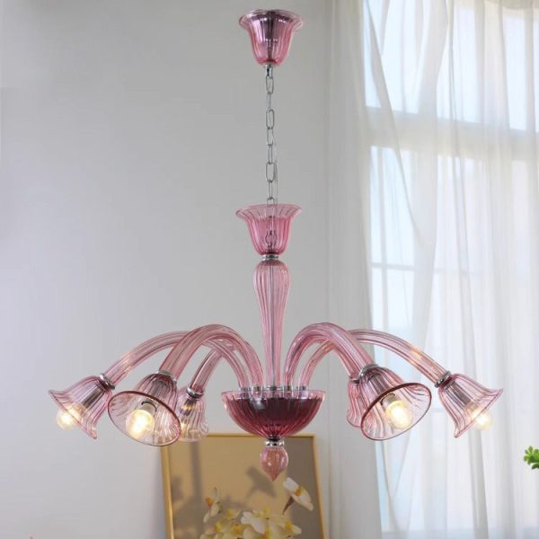 Traditional French Glass & Iron Trumpet Branch 6-Light Chandelier For Living Room & Bedroom