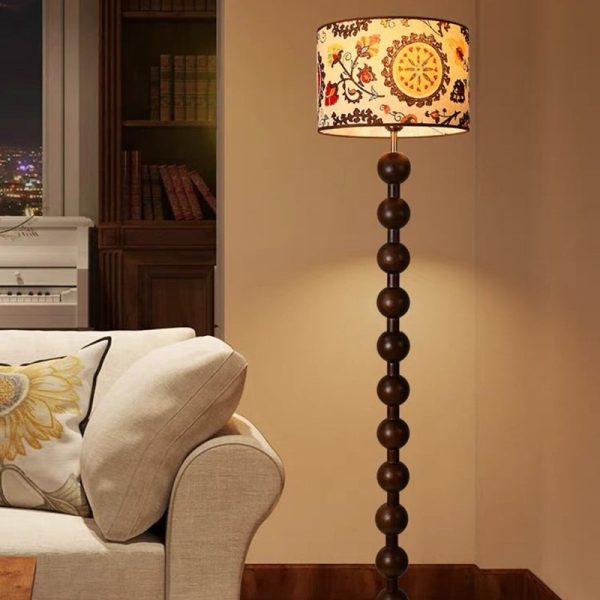 Traditional Vintage Wood & Fabric Round 1-Light Standing Floor Lamp For Bedroom & Living Room