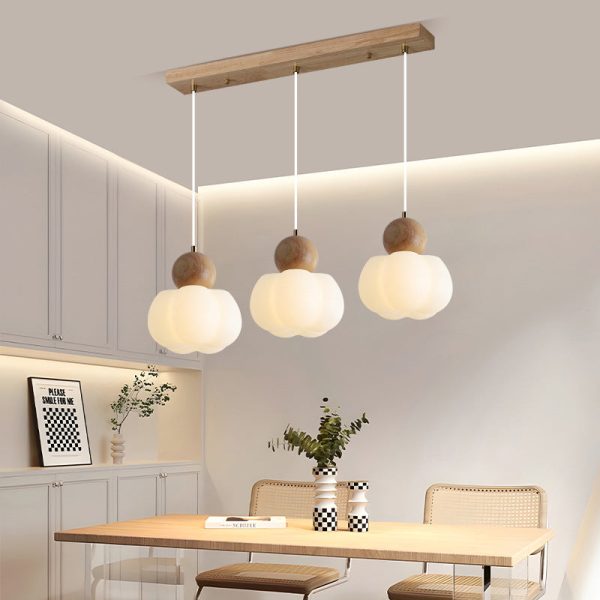 Traditional Japanese PE Metal Rubber Wood Rectangular Pumpkin 3-Light Chandelier Island Light For Living Room & Dining Room