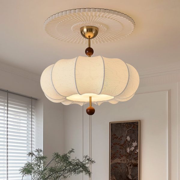 Traditional Chinese Solid Wood Fabric Iron Pumpkin Round 4/5-Light Semi-Flush Mount Ceiling Light For Bedroom & Living Room