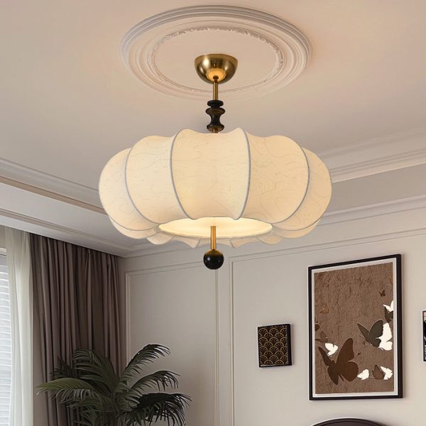 Traditional Chinese Solid Wood Fabric Iron Pumpkin Round 4/5-Light Semi-Flush Mount Ceiling Light For Bedroom & Living Room - Image 2