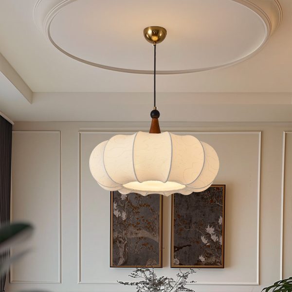 Traditional Chinese Solid Wood Fabric Iron Lantern Pumpkin Round 1/3/4/5-Light Chandelier For Bedroom & Living Room - Image 2