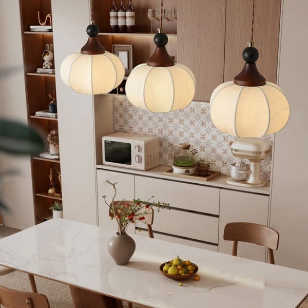 Traditional Chinese Solid Wood Fabric Iron Lantern Pumpkin Round 1/3/4/5-Light Chandelier For Bedroom & Living Room - Image 3