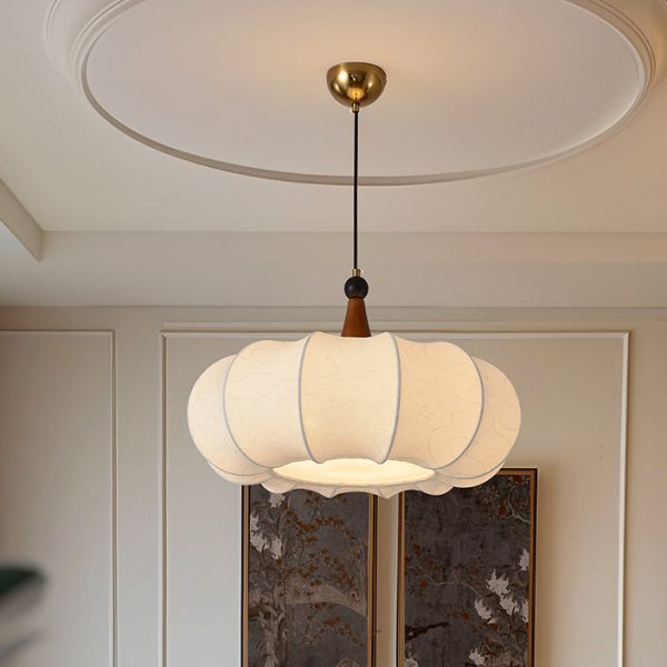 Traditional Chinese Solid Wood Fabric Iron Lantern Pumpkin Round 1/3/4/5-Light Chandelier For Bedroom & Living Room