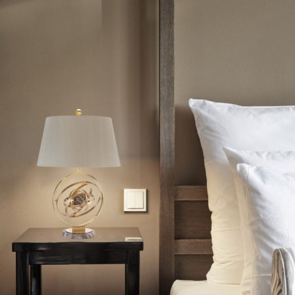Contemporary Creative Fabric Marble Metal Fan Round Ring 1-Light Table Lamp For Bedroom & Living Room