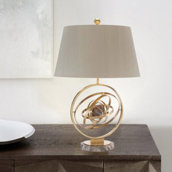 Contemporary Creative Fabric Marble Metal Fan Round Ring 1-Light Table Lamp For Bedroom & Living Room - Image 3