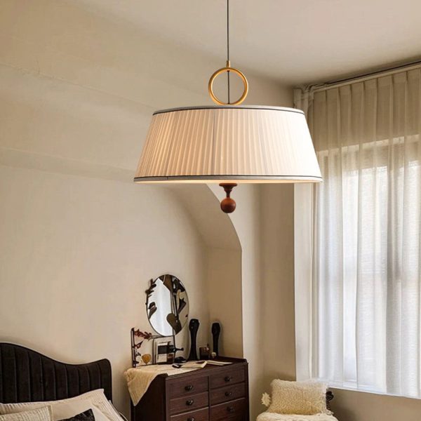Traditional Vintage Fabric Wood Metal Pleated Round 1-Light Chandelier For Bedroom & Living Room - Image 9