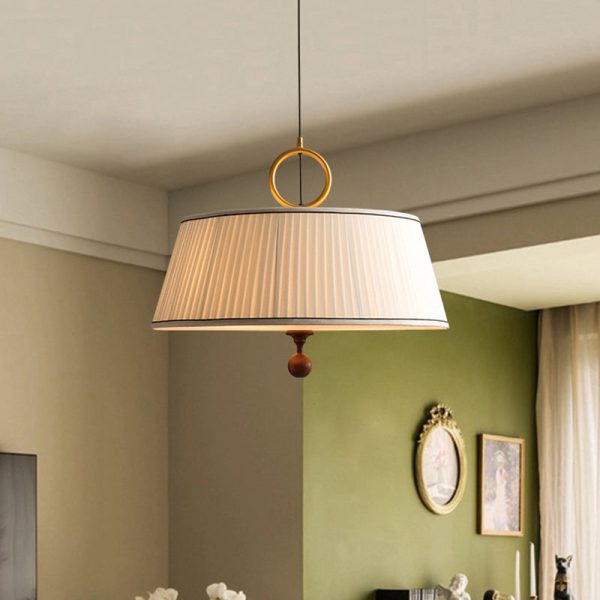 Traditional Vintage Fabric Wood Metal Pleated Round 1-Light Chandelier For Bedroom & Living Room - Image 10