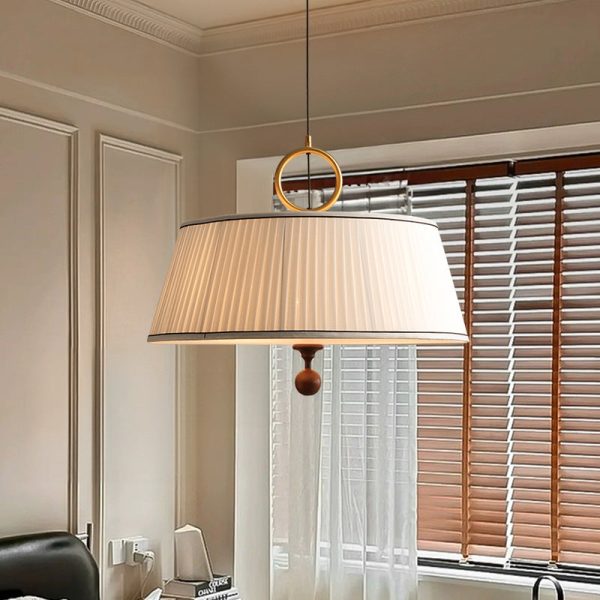 Traditional Vintage Fabric Wood Metal Pleated Round 1-Light Chandelier For Bedroom & Living Room - Image 3