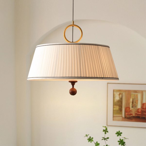 Traditional Vintage Fabric Wood Metal Pleated Round 1-Light Chandelier For Bedroom & Living Room - Image 16