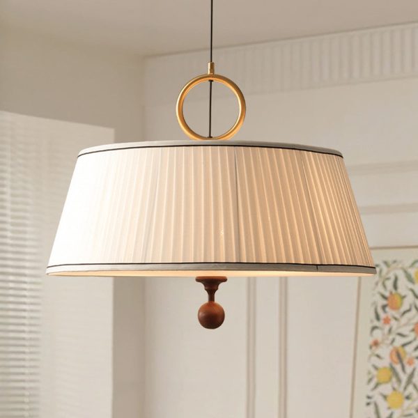 Traditional Vintage Fabric Wood Metal Pleated Round 1-Light Chandelier For Bedroom & Living Room - Image 2