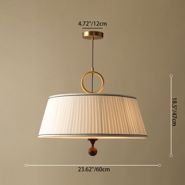 Traditional Vintage Fabric Wood Metal Pleated Round 1-Light Chandelier For Bedroom & Living Room - Image 6