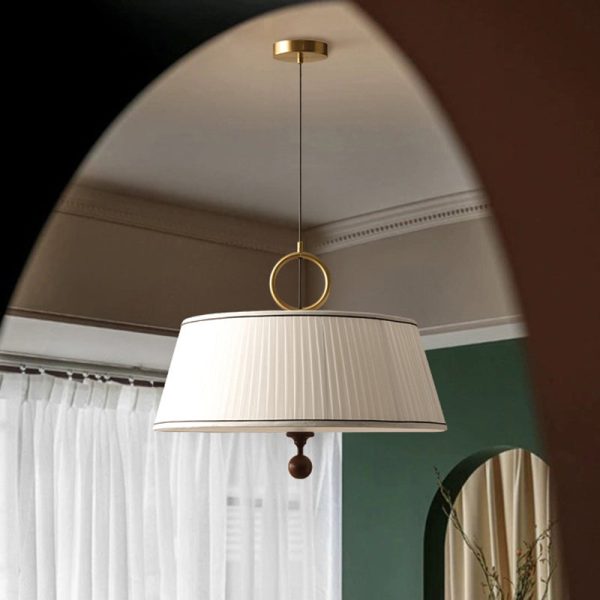 Traditional Vintage Fabric Wood Metal Pleated Round 1-Light Chandelier For Bedroom & Living Room - Image 11