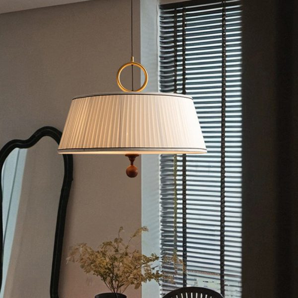Traditional Vintage Fabric Wood Metal Pleated Round 1-Light Chandelier For Bedroom & Living Room - Image 12