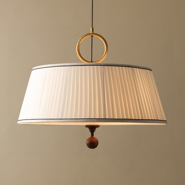 Traditional Vintage Fabric Wood Metal Pleated Round 1-Light Chandelier For Bedroom & Living Room - Image 14