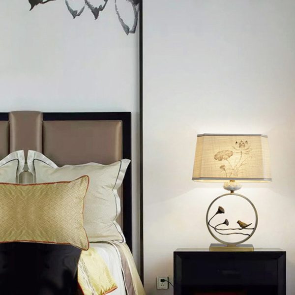 Traditional Chinese Antique Brass Fabric Bird Lotus 1-Light Table Lamp For Bedroom & Living Room