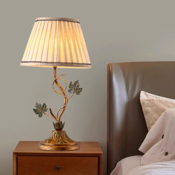 Traditional Farmhouse Fabric Iron Leaf Curved Round 1-Light Table Lamp For Bedroom & Living Room - Image 2
