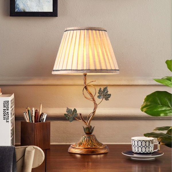 Traditional Farmhouse Fabric Iron Leaf Curved Round 1-Light Table Lamp For Bedroom & Living Room - Image 8