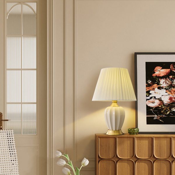 Traditional Chinese Fabric Ceramic Copper Pleated-Fan Round 1-Light Table Lamp For Bedroom & Living Room